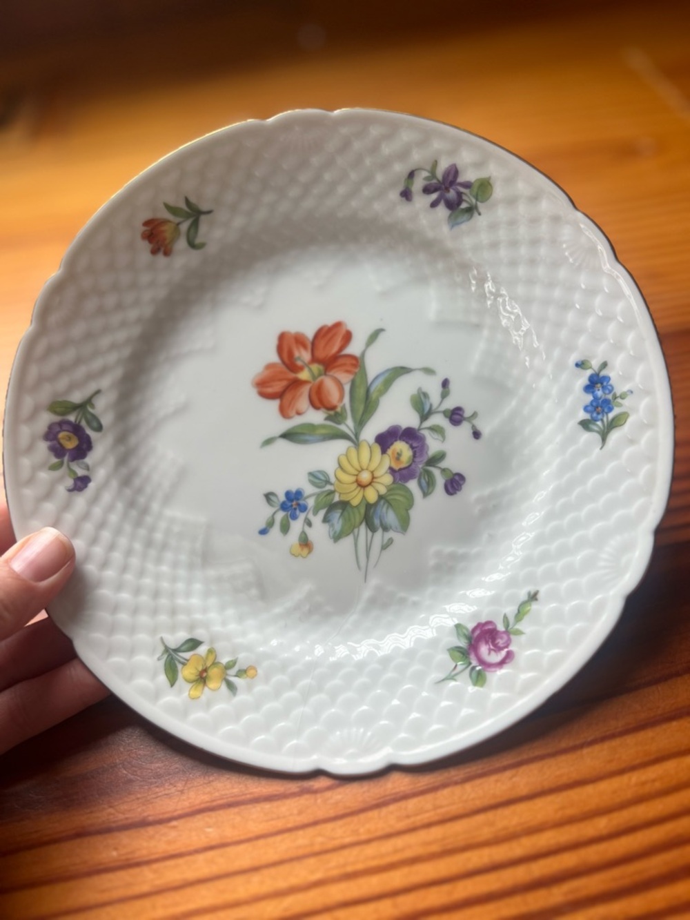 White Porcelain Saxon Floral Plate with Multicolor Blooms Bing & Grøndahl
